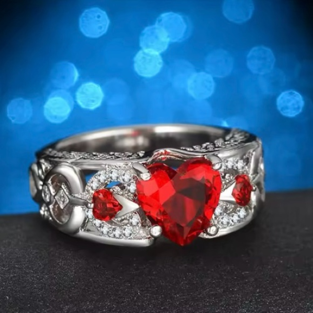 Valentine's Day Red Heart Ring Vintage Style Cupid Love Gift Silvertone Sz 10